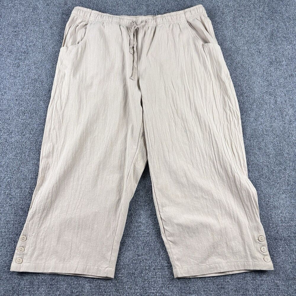 TNL Linen Pants Womens Large L Beige Cropped Wide Leg Capri Drawstring